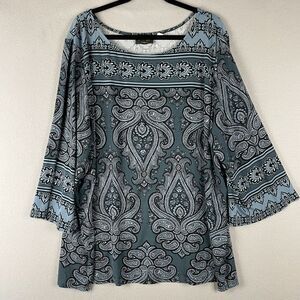 Bob Mackie Wearable Art Tunic Top Womens 3X Blue Paisley 3/4 Sleeve Stretch